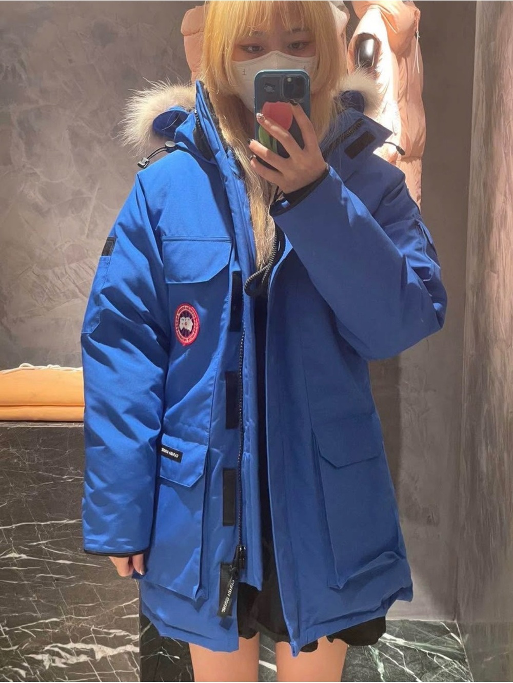 Canada Goose Blue Parka Jacket with Faux Fur Hood
